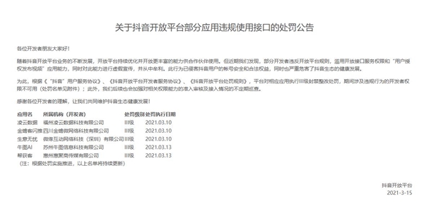 抖音打击“同城爆店码”等违规使用开放平台接口行为 多个开发者被罚